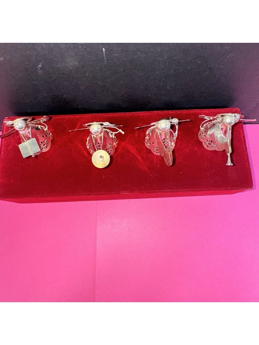 4 Vintage Silver Metal Angel Ornaments Red Velvet Box Christmas Holiday Decor